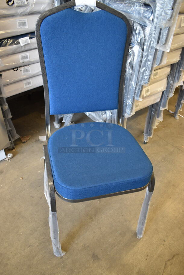 25 BRAND NEW SCRATCH AND DENT! Lancaster Table & Seating 164BNQCRNVY Navy Fabric Crown Back Stackable Banquet Chair with Silver Vein Frame. 25 Times Your Bid! - Image 3 of 5