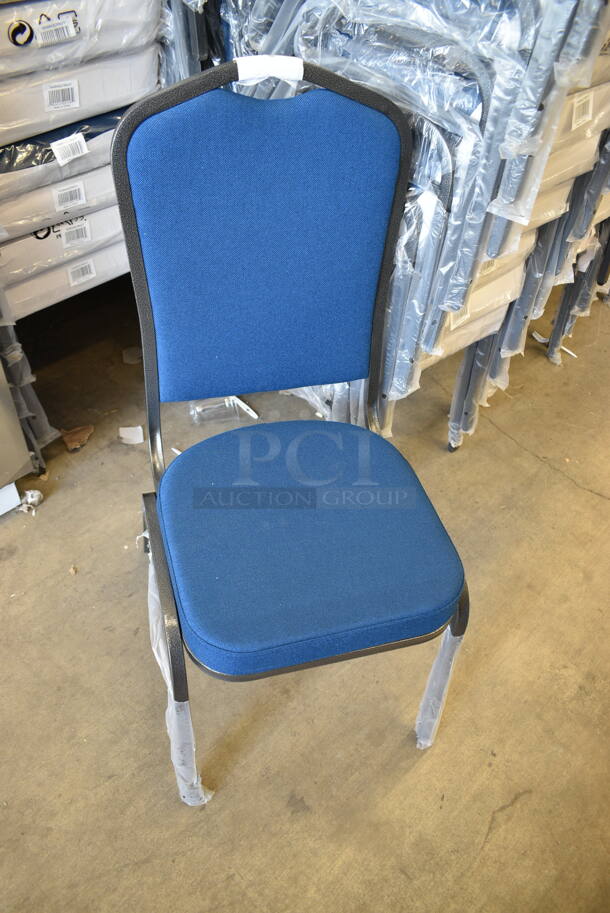 25 BRAND NEW SCRATCH AND DENT! Lancaster Table & Seating 164BNQCRNVY Navy Fabric Crown Back Stackable Banquet Chair with Silver Vein Frame. 25 Times Your Bid! - Image 4 of 5