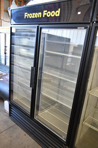 True GDM-49F-LD Metal Commercial 2 Door Reach In Freezer Merchandiser w/ Poly Coated Racks. 115/208-230 Volts, 1 Phase. 