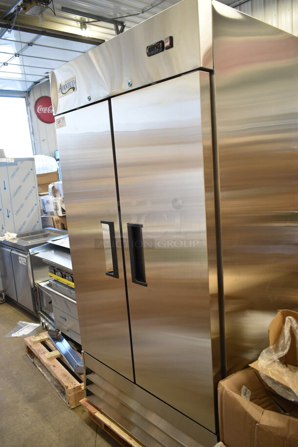 BRAND NEW SCRATCH AND DENT! 2023 Avantco 178A35FHC Stainless Steel Commercial 2 Door Reach In Freezer w/ Poly Coated Racks. Dent On Top Left. 115 Volts, 1 Phase. Tested and Working! - Image 2 of 8