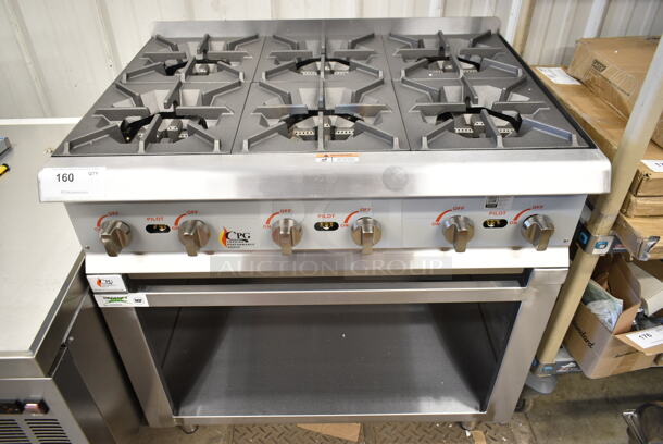 BRAND NEW SCRATCH AND DENT! Cooking Performance Group CPG 351RCPG36NL Stainless Steel Commercial Countertop Gas Powered 6 Burner Range on Regency 351BASE36 Stainless Steel Equipment Stand. 132,000 BTU.  - Image 1 of 6