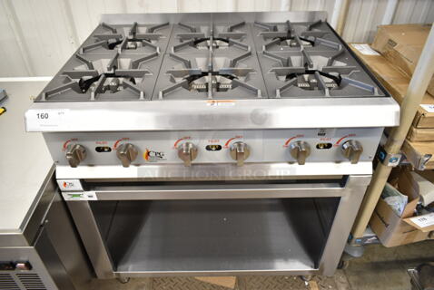 BRAND NEW SCRATCH AND DENT! Cooking Performance Group CPG 351RCPG36NL Stainless Steel Commercial Countertop Gas Powered 6 Burner Range on Regency 351BASE36 Stainless Steel Equipment Stand. 132,000 BTU. 