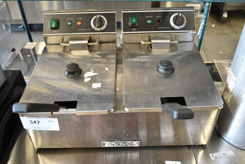 BRAND NEW SCRATCH AND DENT! Adcraft DF-6L/2 Stainless Steel Commercial Countertop Electric Powered 2 Bay Deep Fat Fryer w/ 2 Metal Fry Baskets and 2 Lids. 120 Volts, 1 Phase.