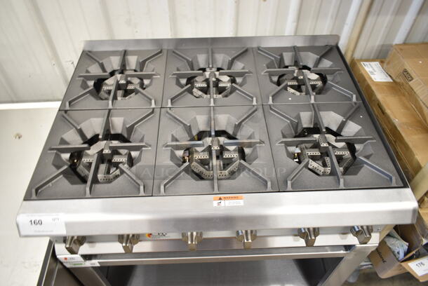 BRAND NEW SCRATCH AND DENT! Cooking Performance Group CPG 351RCPG36NL Stainless Steel Commercial Countertop Gas Powered 6 Burner Range on Regency 351BASE36 Stainless Steel Equipment Stand. 132,000 BTU.  - Image 3 of 6