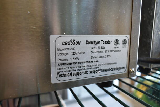 BRAND NEW SCRATCH AND DENT! 2023 Crosson CCT-500 Stainless Steel Commercial Countertop Electric Powered Conveyor Toaster Oven. 120 Volts, 1 Phase. Tested and Does Not Power On
 - Image 5 of 5