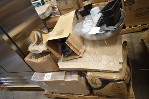 PALLET LOT of 15 BRAND NEW Boxes Including 245CPB10 PRINT Kraft Corrugated Pizza Boxes, 233030210008 Bunn 03021.0008 Black Funnel for ITCB, TW, and TWF Brewers, 274930 Pump Plastic, Sterilite Poly Pitchers, Cambro PSB23176 40.7 Qt. Pebbled Serving/Salad Bowl, 185712012D18 Beverage-Air 712-012D-18 Equivalent Door Gasket - 9" x 41 11/16", Beverage-Air 712-012D-19 Equivalent Door Gasket - 7" x 41 11/16", 500CC9 Choice 9 oz. Clear PET Customizable Plastic Squat Cold Cup - 1000/Case, 500L1020B Choice Black Hot Paper Cup Travel Lid for 10-24 oz. Standard Cups and 8 oz. Squat Cups - 1000/Case. 15 Times Your Bid!