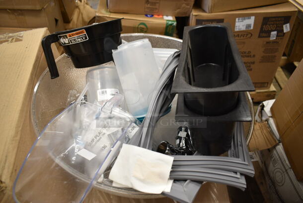 PALLET LOT of 15 BRAND NEW Boxes Including 245CPB10 PRINT Kraft Corrugated Pizza Boxes, 233030210008 Bunn 03021.0008 Black Funnel for ITCB, TW, and TWF Brewers, 274930 Pump Plastic, Sterilite Poly Pitchers, Cambro PSB23176 40.7 Qt. Pebbled Serving/Salad Bowl, 185712012D18 Beverage-Air 712-012D-18 Equivalent Door Gasket - 9" x 41 11/16", Beverage-Air 712-012D-19 Equivalent Door Gasket - 7" x 41 11/16", 500CC9 Choice 9 oz. Clear PET Customizable Plastic Squat Cold Cup - 1000/Case, 500L1020B Choice Black Hot Paper Cup Travel Lid for 10-24 oz. Standard Cups and 8 oz. Squat Cups - 1000/Case. 15 Times Your Bid! - Image 5 of 12