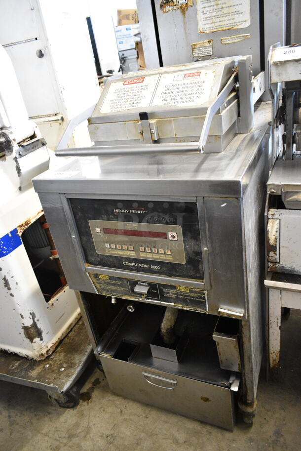 Henny Penny PFE-591 Computron 8000 Stainless Steel Commercial Electric Powered Pressure Fryer w/ Filtration System on Commercial Casters. 480 Volts, 3 Phase.  - Image 1 of 6
