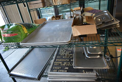 ALL ONE MONEY! Two Tier Lot of Various Items Including Metal Baking Pans and Menu Boards