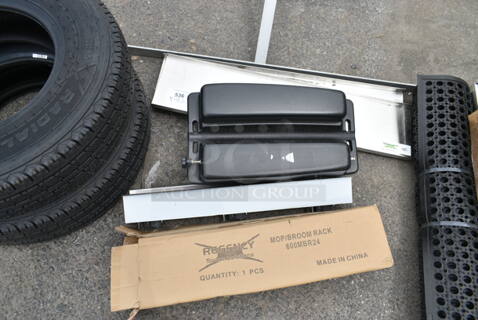 ALL ONE MONEY! Lot of 3 BRAND NEW Items; Regency 600MBR24 24" Stainless Steel Mop / Broom Rack with 3 Holders, Regency 600DIB1836LD Stainless Steel Sliding Lid for 18" x 36" Drop-In Ice Bins and Black Poly Unit. 