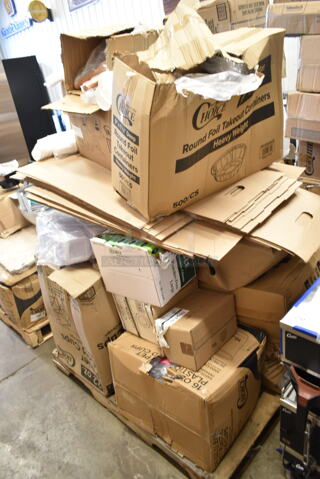 PALLET LOT of 17 BRAND NEW Boxes Including 2 Box 612509HD Round Heavy Weight Foil Take-Out Pan, Choice Basket Liner, Noble Large Gloves, 760PCC22 Poly Paper Cold Cup, Enjay B-FB12 Food Boxes, 164HICRTCHWA High Chair Crotch Panel, 3 Box 347RPBD10WHS White Plastic Plate with Silver Bands. 17 Times Your Bid!