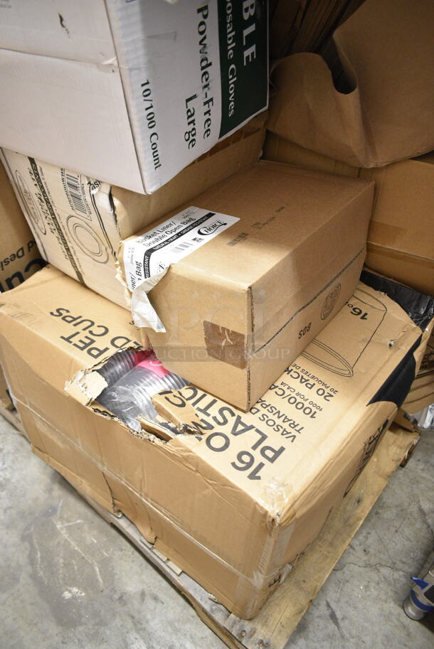 PALLET LOT of 17 BRAND NEW Boxes Including 2 Box 612509HD Round Heavy Weight Foil Take-Out Pan, Choice Basket Liner, Noble Large Gloves, 760PCC22 Poly Paper Cold Cup, Enjay B-FB12 Food Boxes, 164HICRTCHWA High Chair Crotch Panel, 3 Box 347RPBD10WHS White Plastic Plate with Silver Bands. 17 Times Your Bid! - Image 2 of 12
