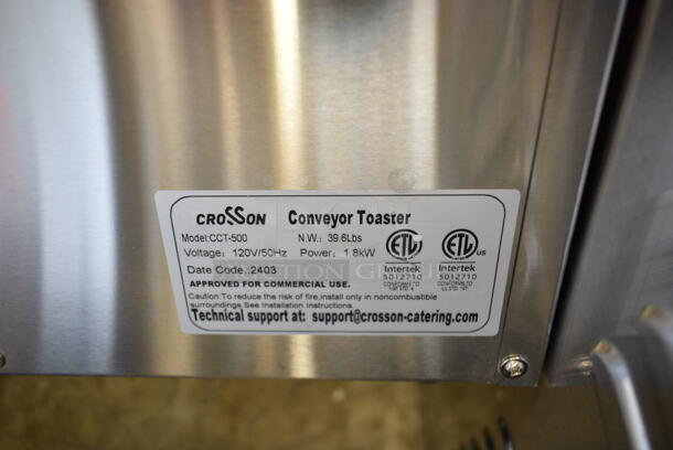 BRAND NEW SCRATCH AND DENT! 2023 Crosson CCT-500 Stainless Steel Commercial Countertop Electric Powered Conveyor Toaster Oven. 120 Volts, 1 Phase. Tested and Working! - Image 7 of 7