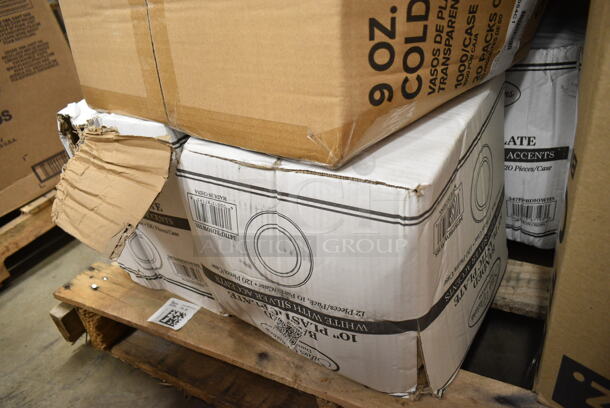 PALLET LOT of 17 BRAND NEW Boxes Including 2 Box 612509HD Round Heavy Weight Foil Take-Out Pan, Choice Basket Liner, Noble Large Gloves, 760PCC22 Poly Paper Cold Cup, Enjay B-FB12 Food Boxes, 164HICRTCHWA High Chair Crotch Panel, 3 Box 347RPBD10WHS White Plastic Plate with Silver Bands. 17 Times Your Bid! - Image 10 of 12