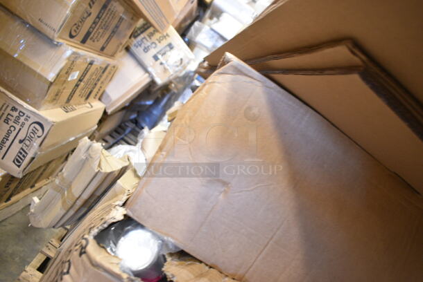 PALLET LOT of 17 BRAND NEW Boxes Including 2 Box 612509HD Round Heavy Weight Foil Take-Out Pan, Choice Basket Liner, Noble Large Gloves, 760PCC22 Poly Paper Cold Cup, Enjay B-FB12 Food Boxes, 164HICRTCHWA High Chair Crotch Panel, 3 Box 347RPBD10WHS White Plastic Plate with Silver Bands. 17 Times Your Bid! - Image 12 of 12