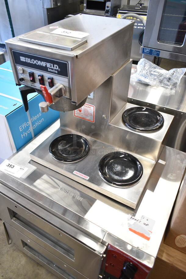 Bloomfield 8572 Stainless Steel Commercial Countertop 3 Burner Coffee Machine w/ Hot Water Dispenser and Poly Brew Basket. 120 Volts, 1 Phase.  - Image 2 of 6
