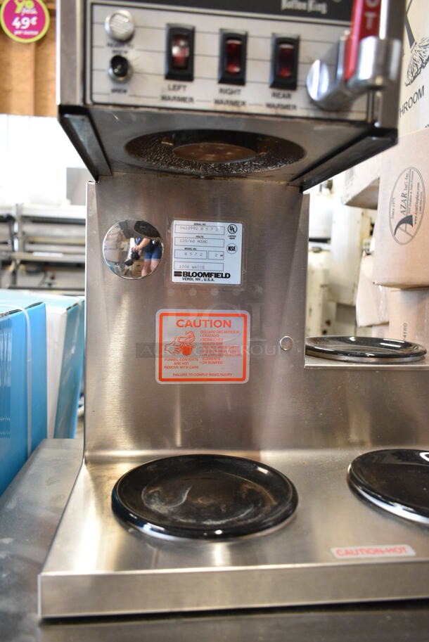 Bloomfield 8572 Stainless Steel Commercial Countertop 3 Burner Coffee Machine w/ Hot Water Dispenser and Poly Brew Basket. 120 Volts, 1 Phase.  - Image 3 of 6