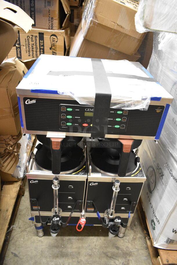 BRAND NEW SCRATCH AND DENT! Curtis GEMTS10A1000 Stainless Steel Commercial Countertop G3 Gemini Twin 1.5 Gallon Satellite Coffee Brewer w/ Hot Water Dispenser, 2 Satellite Servers and 2 Poly Brew Baskets. 220 Volts, 1 Phase.  - Image 2 of 11