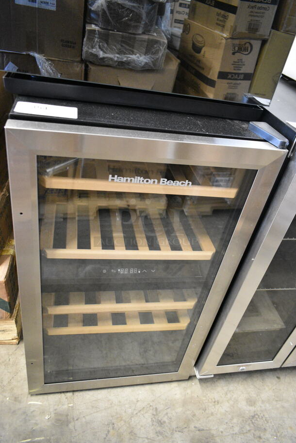 BRAND NEW SCRATCH AND DENT! Hamilton Beach HBWF4300-6COM Stainless Steel 43-Bottle Wine Cooler Fridge Cellar with Wooden Shelves, Digital Control, Mirror Finish. 115 Volts, 1 Phase. Tested and Working! - Image 2 of 5