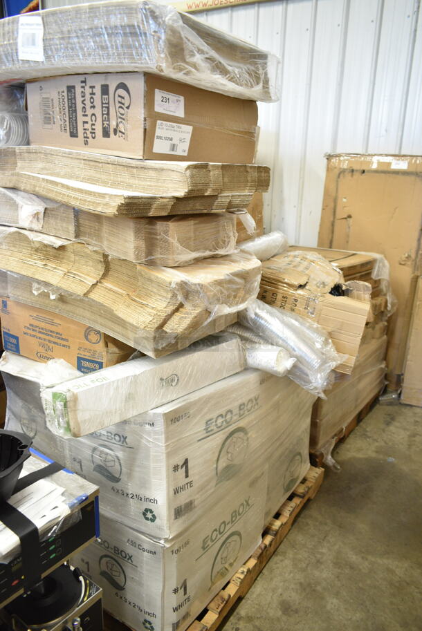 PALLET LOT of 20 BRAND NEW Boxes Including 245CPB16WHT White Corrugated Pizza Box, 500L1020B Choice Black Hot Paper Cup Travel Lid for 10-24 oz. Standard Cups and 8 oz. Squat Cups - 1000/Case, Solo 626NSL Prima PET Plastic Cold Cup Strawless Lid - 1000/Case, 6 Boxes 100150 Eco-Box Containers. 20 Times Your Bid! - Image 1 of 10