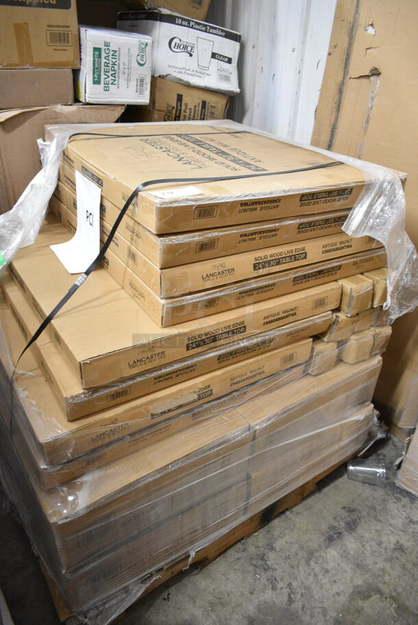 PALLET LOT of 8 BRAND NEW Lancaster Table & Seating Tables; 3492430ANTWA Industrial 24" x 30" Solid Wood Live Edge Table Top with Antique Walnut Finish, 164TCLWDWL37 Legs and 164TBTSWD22 Table Base Spider and Plate. 8 Times Your Bid! - Image 2 of 11