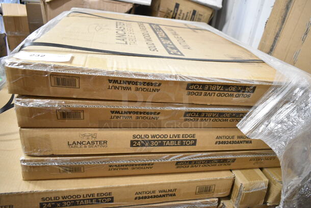 PALLET LOT of 8 BRAND NEW Lancaster Table & Seating Tables; 3492430ANTWA Industrial 24" x 30" Solid Wood Live Edge Table Top with Antique Walnut Finish, 164TCLWDWL37 Legs and 164TBTSWD22 Table Base Spider and Plate. 8 Times Your Bid! - Image 3 of 11