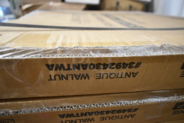PALLET LOT of 8 BRAND NEW Lancaster Table & Seating Tables; 3492430ANTWA Industrial 24" x 30" Solid Wood Live Edge Table Top with Antique Walnut Finish, 164TCLWDWL37 Legs and 164TBTSWD22 Table Base Spider and Plate. 8 Times Your Bid! - Image 4 of 11
