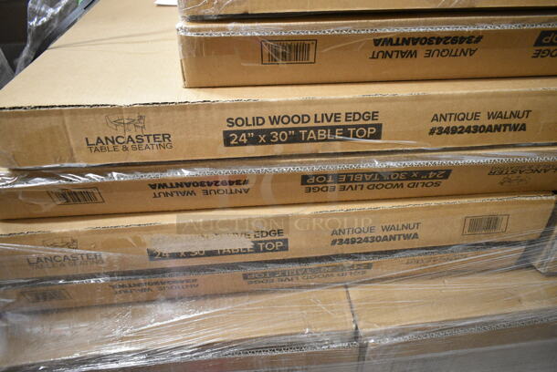 PALLET LOT of 8 BRAND NEW Lancaster Table & Seating Tables; 3492430ANTWA Industrial 24" x 30" Solid Wood Live Edge Table Top with Antique Walnut Finish, 164TCLWDWL37 Legs and 164TBTSWD22 Table Base Spider and Plate. 8 Times Your Bid! - Image 6 of 11