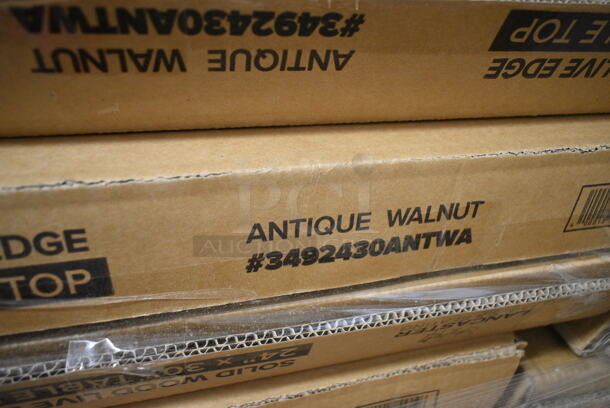 PALLET LOT of 8 BRAND NEW Lancaster Table & Seating Tables; 3492430ANTWA Industrial 24" x 30" Solid Wood Live Edge Table Top with Antique Walnut Finish, 164TCLWDWL37 Legs and 164TBTSWD22 Table Base Spider and Plate. 8 Times Your Bid! - Image 7 of 11