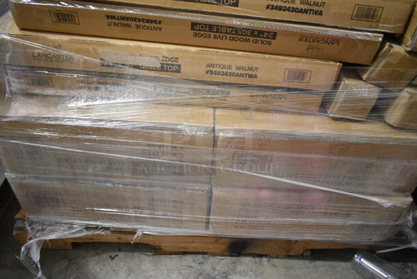 PALLET LOT of 8 BRAND NEW Lancaster Table & Seating Tables; 3492430ANTWA Industrial 24" x 30" Solid Wood Live Edge Table Top with Antique Walnut Finish, 164TCLWDWL37 Legs and 164TBTSWD22 Table Base Spider and Plate. 8 Times Your Bid! - Image 9 of 11