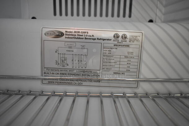 BRAND NEW SCRATCH AND DENT! Whynter BOR-326FS Stainless Steel Mini Single Door Outdoor Cooler. 3.2 cu. ft. 115 Volts, 1 Phase. Tested and Working! - Image 6 of 6