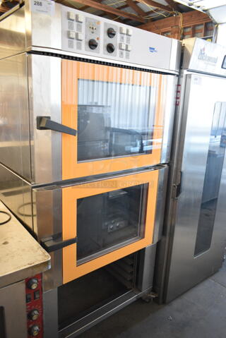 Wiesheu Stainless Steel Commercial Double Deck Convection Oven on Pan Rack w/ Commercial Casters. 208-240 Volts, 3 Phase. 