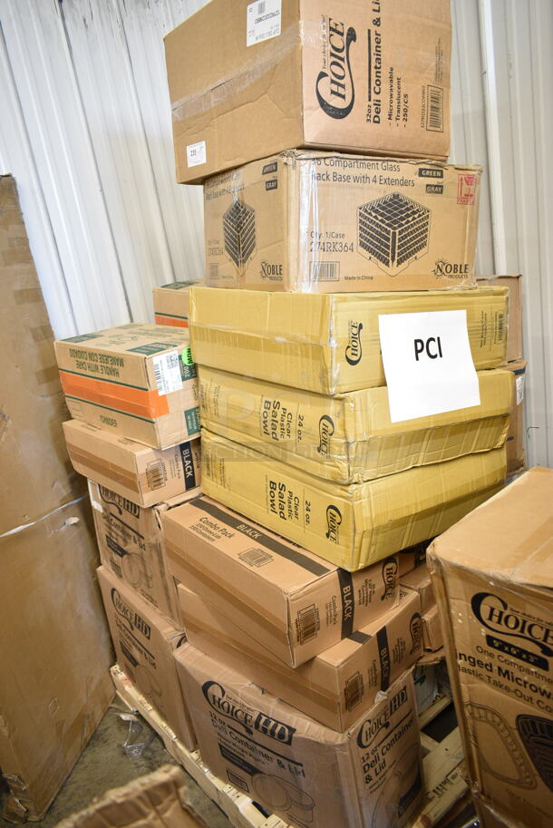 PALLET LOT of 33 BRAND NEW Boxes Including 127RD32COMBO Choice 32 oz. Customizable Microwavable Clear Round Deli Container and Lid Combo Pack - 250/Case, 274RK364 Noble Products 36-Compartment Gray Full-Size Glass Rack with 4 Green Extenders, 3 Box 127SB24COMBO Choice 24 oz. Clear Plastic Salad Bowl with Lid - 150/Case, 2 Box 129MCR32B Choice 32 oz. Black Round Microwavable Heavy Weight Container with Lid 7 1/4" - 150/Case, 3 Box 128HD12COMBO ChoiceHD 12 oz. Microwavable Translucent Plastic Deli Container and Lid Combo Pack - 240/Case, 2 Box Dart ClearPac SafeSeal 8 oz. Tamper-Resistant, Tamper-Evident Hinged Container with Flat Lid - 200/Case, Choice Kraft Microwavable Folded Paper #8 Take-Out Container 6" x 4 5/8" x 2 1/2" - 300/Case. 33 Times Your Bid! - Image 1 of 10