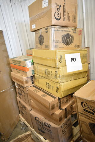 PALLET LOT of 33 BRAND NEW Boxes Including 127RD32COMBO Choice 32 oz. Customizable Microwavable Clear Round Deli Container and Lid Combo Pack - 250/Case, 274RK364 Noble Products 36-Compartment Gray Full-Size Glass Rack with 4 Green Extenders, 3 Box 127SB24COMBO Choice 24 oz. Clear Plastic Salad Bowl with Lid - 150/Case, 2 Box 129MCR32B Choice 32 oz. Black Round Microwavable Heavy Weight Container with Lid 7 1/4" - 150/Case, 3 Box 128HD12COMBO ChoiceHD 12 oz. Microwavable Translucent Plastic Deli Container and Lid Combo Pack - 240/Case, 2 Box Dart ClearPac SafeSeal 8 oz. Tamper-Resistant, Tamper-Evident Hinged Container with Flat Lid - 200/Case, Choice Kraft Microwavable Folded Paper #8 Take-Out Container 6" x 4 5/8" x 2 1/2" - 300/Case. 33 Times Your Bid!