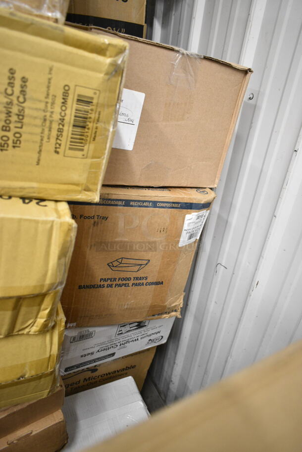 PALLET LOT of 33 BRAND NEW Boxes Including 127RD32COMBO Choice 32 oz. Customizable Microwavable Clear Round Deli Container and Lid Combo Pack - 250/Case, 274RK364 Noble Products 36-Compartment Gray Full-Size Glass Rack with 4 Green Extenders, 3 Box 127SB24COMBO Choice 24 oz. Clear Plastic Salad Bowl with Lid - 150/Case, 2 Box 129MCR32B Choice 32 oz. Black Round Microwavable Heavy Weight Container with Lid 7 1/4" - 150/Case, 3 Box 128HD12COMBO ChoiceHD 12 oz. Microwavable Translucent Plastic Deli Container and Lid Combo Pack - 240/Case, 2 Box Dart ClearPac SafeSeal 8 oz. Tamper-Resistant, Tamper-Evident Hinged Container with Flat Lid - 200/Case, Choice Kraft Microwavable Folded Paper #8 Take-Out Container 6" x 4 5/8" x 2 1/2" - 300/Case. 33 Times Your Bid! - Image 2 of 10