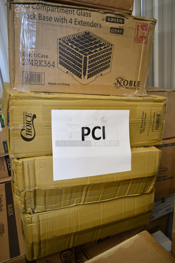 PALLET LOT of 33 BRAND NEW Boxes Including 127RD32COMBO Choice 32 oz. Customizable Microwavable Clear Round Deli Container and Lid Combo Pack - 250/Case, 274RK364 Noble Products 36-Compartment Gray Full-Size Glass Rack with 4 Green Extenders, 3 Box 127SB24COMBO Choice 24 oz. Clear Plastic Salad Bowl with Lid - 150/Case, 2 Box 129MCR32B Choice 32 oz. Black Round Microwavable Heavy Weight Container with Lid 7 1/4" - 150/Case, 3 Box 128HD12COMBO ChoiceHD 12 oz. Microwavable Translucent Plastic Deli Container and Lid Combo Pack - 240/Case, 2 Box Dart ClearPac SafeSeal 8 oz. Tamper-Resistant, Tamper-Evident Hinged Container with Flat Lid - 200/Case, Choice Kraft Microwavable Folded Paper #8 Take-Out Container 6" x 4 5/8" x 2 1/2" - 300/Case. 33 Times Your Bid! - Image 3 of 10