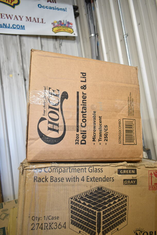 PALLET LOT of 33 BRAND NEW Boxes Including 127RD32COMBO Choice 32 oz. Customizable Microwavable Clear Round Deli Container and Lid Combo Pack - 250/Case, 274RK364 Noble Products 36-Compartment Gray Full-Size Glass Rack with 4 Green Extenders, 3 Box 127SB24COMBO Choice 24 oz. Clear Plastic Salad Bowl with Lid - 150/Case, 2 Box 129MCR32B Choice 32 oz. Black Round Microwavable Heavy Weight Container with Lid 7 1/4" - 150/Case, 3 Box 128HD12COMBO ChoiceHD 12 oz. Microwavable Translucent Plastic Deli Container and Lid Combo Pack - 240/Case, 2 Box Dart ClearPac SafeSeal 8 oz. Tamper-Resistant, Tamper-Evident Hinged Container with Flat Lid - 200/Case, Choice Kraft Microwavable Folded Paper #8 Take-Out Container 6" x 4 5/8" x 2 1/2" - 300/Case. 33 Times Your Bid! - Image 4 of 10