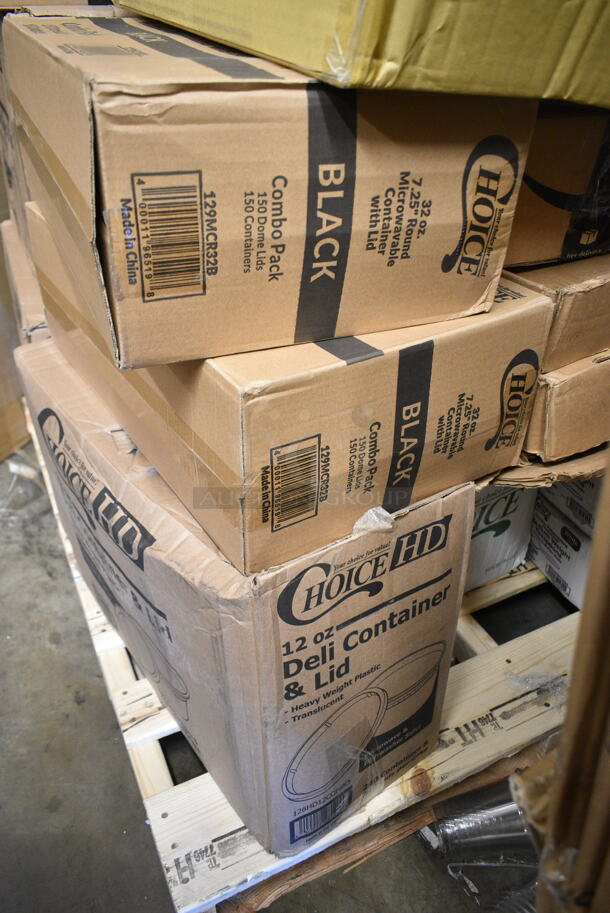 PALLET LOT of 33 BRAND NEW Boxes Including 127RD32COMBO Choice 32 oz. Customizable Microwavable Clear Round Deli Container and Lid Combo Pack - 250/Case, 274RK364 Noble Products 36-Compartment Gray Full-Size Glass Rack with 4 Green Extenders, 3 Box 127SB24COMBO Choice 24 oz. Clear Plastic Salad Bowl with Lid - 150/Case, 2 Box 129MCR32B Choice 32 oz. Black Round Microwavable Heavy Weight Container with Lid 7 1/4" - 150/Case, 3 Box 128HD12COMBO ChoiceHD 12 oz. Microwavable Translucent Plastic Deli Container and Lid Combo Pack - 240/Case, 2 Box Dart ClearPac SafeSeal 8 oz. Tamper-Resistant, Tamper-Evident Hinged Container with Flat Lid - 200/Case, Choice Kraft Microwavable Folded Paper #8 Take-Out Container 6" x 4 5/8" x 2 1/2" - 300/Case. 33 Times Your Bid! - Image 5 of 10