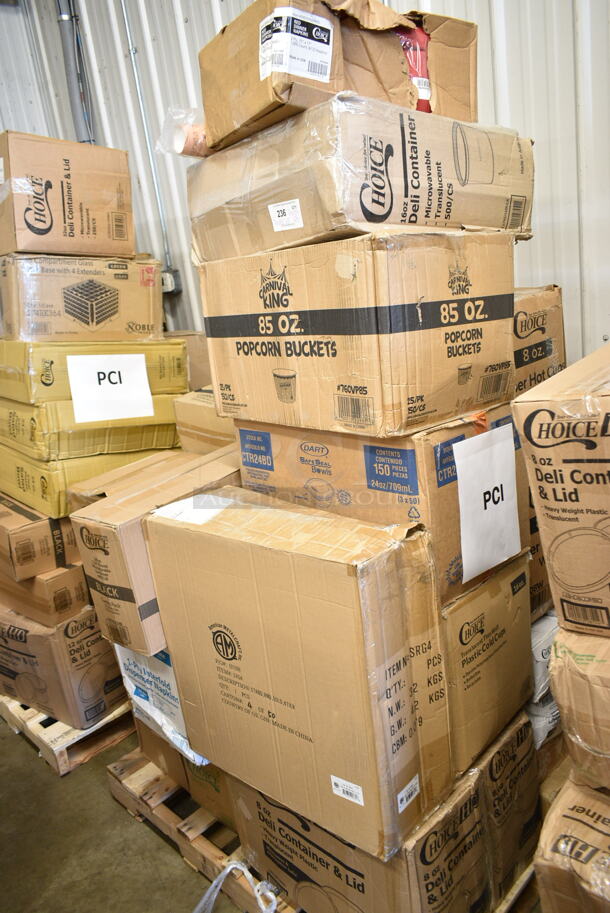 PALLET LOT of 28 BRAND NEW Boxes Including 43258300 Choice 15" x 17" Red 2-Ply Customizable Paper Dinner Napkin - 1000/Case, 127RD16BULK Choice 16 oz. Customizable Microwavable Translucent Round Deli Container - 500/Case, 760VP85 Carnival King 85 oz. Popcorn Bucket - 150/Case, Dart SafeSeal 24 oz. Plastic Tamper-Resistant, Tamper-Evident Bowl with Dome Lid - 150/Case, 2 Box 129MCR24B Choice 24 oz. Black Round Microwavable Heavy Weight Container with Lid 7 1/4" - 150/Case,  966UPWIDEB OneUp by Choice White 2-Ply Wide Interfold 6 1/2" x 8 1/2" Dispenser Napkin - 6000/Case, 500TO963 Choice 9" x 6" x 3" Microwaveable 1-Compartment Black / Clear Plastic Hinged Container - 100/Case, 2 Box 12" Corrugated Circles, ServIt 423SWID48 48" Strip Warmer, Coffee Stirrers. 28 Times Your Bid! - Image 1 of 12