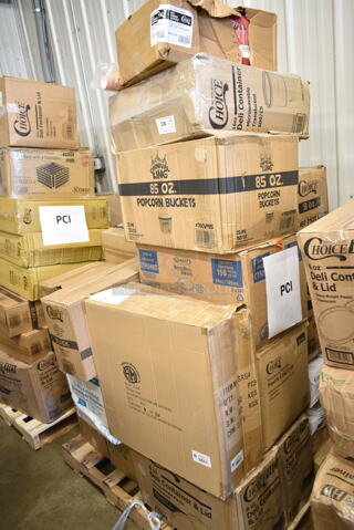 PALLET LOT of 28 BRAND NEW Boxes Including 43258300 Choice 15" x 17" Red 2-Ply Customizable Paper Dinner Napkin - 1000/Case, 127RD16BULK Choice 16 oz. Customizable Microwavable Translucent Round Deli Container - 500/Case, 760VP85 Carnival King 85 oz. Popcorn Bucket - 150/Case, Dart SafeSeal 24 oz. Plastic Tamper-Resistant, Tamper-Evident Bowl with Dome Lid - 150/Case, 2 Box 129MCR24B Choice 24 oz. Black Round Microwavable Heavy Weight Container with Lid 7 1/4" - 150/Case,  966UPWIDEB OneUp by Choice White 2-Ply Wide Interfold 6 1/2" x 8 1/2" Dispenser Napkin - 6000/Case, 500TO963 Choice 9" x 6" x 3" Microwaveable 1-Compartment Black / Clear Plastic Hinged Container - 100/Case, 2 Box 12" Corrugated Circles, ServIt 423SWID48 48" Strip Warmer, Coffee Stirrers. 28 Times Your Bid!