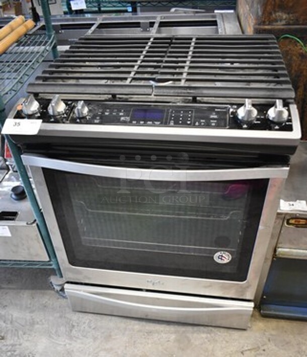 BRAND NEW SCRATCH AND DENT! Whirlpool WEG745H0FS1 Stainless Steel Commercial Natural or Propane Gas Powered 4 Burner Range w/ Convection Oven.  - Image 1 of 6