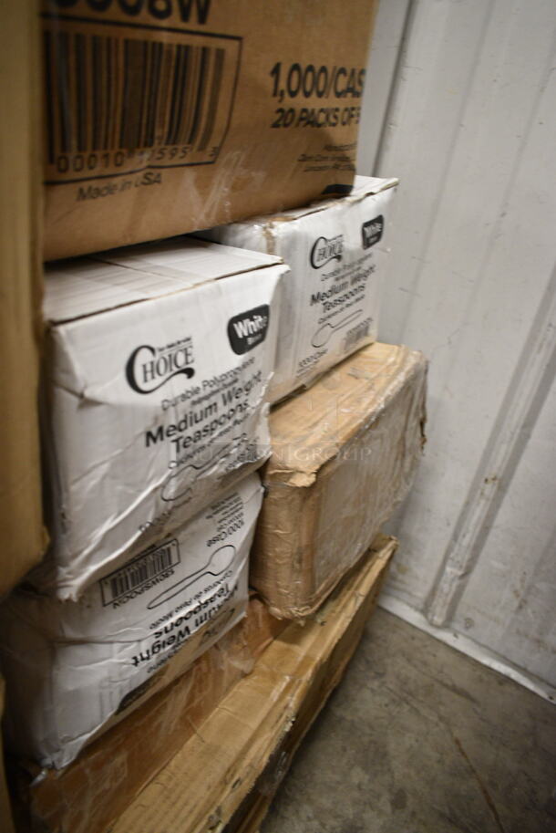 PALLET LOT of 28 BRAND NEW Boxes Including 43258300 Choice 15" x 17" Red 2-Ply Customizable Paper Dinner Napkin - 1000/Case, 127RD16BULK Choice 16 oz. Customizable Microwavable Translucent Round Deli Container - 500/Case, 760VP85 Carnival King 85 oz. Popcorn Bucket - 150/Case, Dart SafeSeal 24 oz. Plastic Tamper-Resistant, Tamper-Evident Bowl with Dome Lid - 150/Case, 2 Box 129MCR24B Choice 24 oz. Black Round Microwavable Heavy Weight Container with Lid 7 1/4" - 150/Case,  966UPWIDEB OneUp by Choice White 2-Ply Wide Interfold 6 1/2" x 8 1/2" Dispenser Napkin - 6000/Case, 500TO963 Choice 9" x 6" x 3" Microwaveable 1-Compartment Black / Clear Plastic Hinged Container - 100/Case, 2 Box 12" Corrugated Circles, ServIt 423SWID48 48" Strip Warmer, Coffee Stirrers. 28 Times Your Bid! - Image 3 of 12