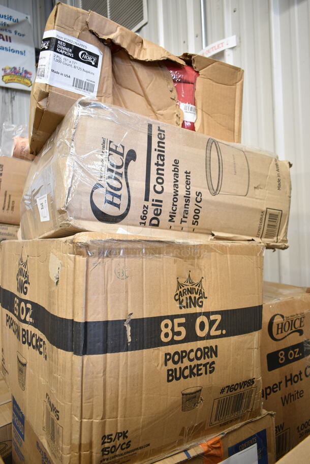 PALLET LOT of 28 BRAND NEW Boxes Including 43258300 Choice 15" x 17" Red 2-Ply Customizable Paper Dinner Napkin - 1000/Case, 127RD16BULK Choice 16 oz. Customizable Microwavable Translucent Round Deli Container - 500/Case, 760VP85 Carnival King 85 oz. Popcorn Bucket - 150/Case, Dart SafeSeal 24 oz. Plastic Tamper-Resistant, Tamper-Evident Bowl with Dome Lid - 150/Case, 2 Box 129MCR24B Choice 24 oz. Black Round Microwavable Heavy Weight Container with Lid 7 1/4" - 150/Case,  966UPWIDEB OneUp by Choice White 2-Ply Wide Interfold 6 1/2" x 8 1/2" Dispenser Napkin - 6000/Case, 500TO963 Choice 9" x 6" x 3" Microwaveable 1-Compartment Black / Clear Plastic Hinged Container - 100/Case, 2 Box 12" Corrugated Circles, ServIt 423SWID48 48" Strip Warmer, Coffee Stirrers. 28 Times Your Bid! - Image 4 of 12