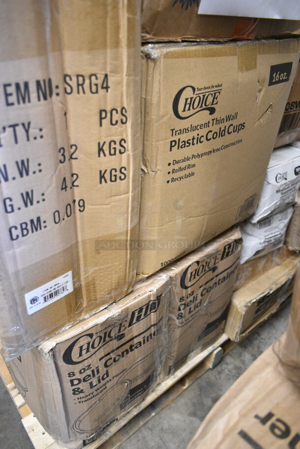 PALLET LOT of 28 BRAND NEW Boxes Including 43258300 Choice 15" x 17" Red 2-Ply Customizable Paper Dinner Napkin - 1000/Case, 127RD16BULK Choice 16 oz. Customizable Microwavable Translucent Round Deli Container - 500/Case, 760VP85 Carnival King 85 oz. Popcorn Bucket - 150/Case, Dart SafeSeal 24 oz. Plastic Tamper-Resistant, Tamper-Evident Bowl with Dome Lid - 150/Case, 2 Box 129MCR24B Choice 24 oz. Black Round Microwavable Heavy Weight Container with Lid 7 1/4" - 150/Case,  966UPWIDEB OneUp by Choice White 2-Ply Wide Interfold 6 1/2" x 8 1/2" Dispenser Napkin - 6000/Case, 500TO963 Choice 9" x 6" x 3" Microwaveable 1-Compartment Black / Clear Plastic Hinged Container - 100/Case, 2 Box 12" Corrugated Circles, ServIt 423SWID48 48" Strip Warmer, Coffee Stirrers. 28 Times Your Bid! - Image 6 of 12