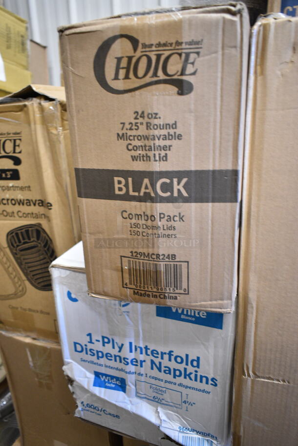 PALLET LOT of 28 BRAND NEW Boxes Including 43258300 Choice 15" x 17" Red 2-Ply Customizable Paper Dinner Napkin - 1000/Case, 127RD16BULK Choice 16 oz. Customizable Microwavable Translucent Round Deli Container - 500/Case, 760VP85 Carnival King 85 oz. Popcorn Bucket - 150/Case, Dart SafeSeal 24 oz. Plastic Tamper-Resistant, Tamper-Evident Bowl with Dome Lid - 150/Case, 2 Box 129MCR24B Choice 24 oz. Black Round Microwavable Heavy Weight Container with Lid 7 1/4" - 150/Case,  966UPWIDEB OneUp by Choice White 2-Ply Wide Interfold 6 1/2" x 8 1/2" Dispenser Napkin - 6000/Case, 500TO963 Choice 9" x 6" x 3" Microwaveable 1-Compartment Black / Clear Plastic Hinged Container - 100/Case, 2 Box 12" Corrugated Circles, ServIt 423SWID48 48" Strip Warmer, Coffee Stirrers. 28 Times Your Bid! - Image 7 of 12