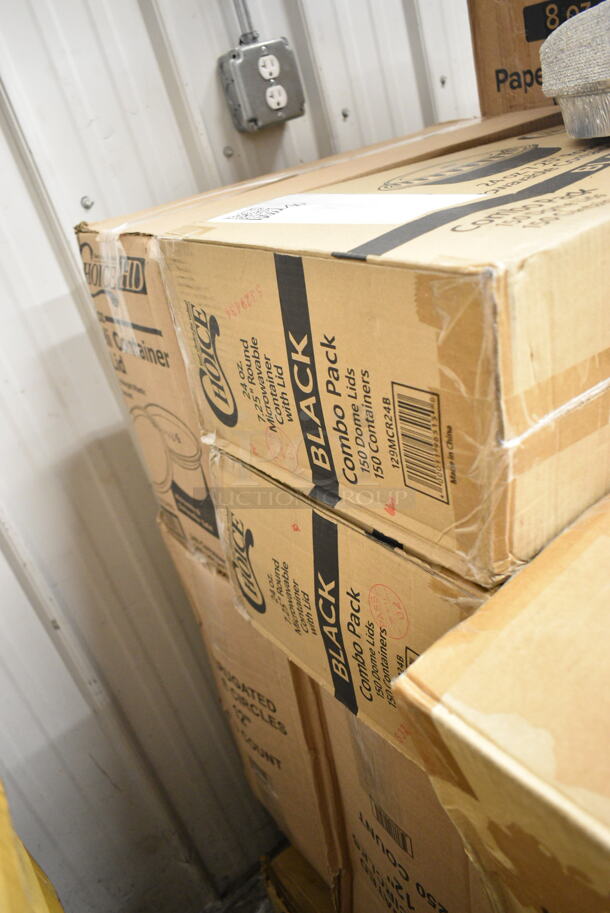 PALLET LOT of 28 BRAND NEW Boxes Including 43258300 Choice 15" x 17" Red 2-Ply Customizable Paper Dinner Napkin - 1000/Case, 127RD16BULK Choice 16 oz. Customizable Microwavable Translucent Round Deli Container - 500/Case, 760VP85 Carnival King 85 oz. Popcorn Bucket - 150/Case, Dart SafeSeal 24 oz. Plastic Tamper-Resistant, Tamper-Evident Bowl with Dome Lid - 150/Case, 2 Box 129MCR24B Choice 24 oz. Black Round Microwavable Heavy Weight Container with Lid 7 1/4" - 150/Case,  966UPWIDEB OneUp by Choice White 2-Ply Wide Interfold 6 1/2" x 8 1/2" Dispenser Napkin - 6000/Case, 500TO963 Choice 9" x 6" x 3" Microwaveable 1-Compartment Black / Clear Plastic Hinged Container - 100/Case, 2 Box 12" Corrugated Circles, ServIt 423SWID48 48" Strip Warmer, Coffee Stirrers. 28 Times Your Bid! - Image 9 of 12