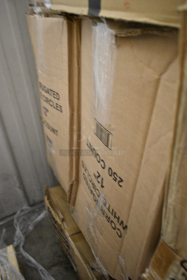 PALLET LOT of 28 BRAND NEW Boxes Including 43258300 Choice 15" x 17" Red 2-Ply Customizable Paper Dinner Napkin - 1000/Case, 127RD16BULK Choice 16 oz. Customizable Microwavable Translucent Round Deli Container - 500/Case, 760VP85 Carnival King 85 oz. Popcorn Bucket - 150/Case, Dart SafeSeal 24 oz. Plastic Tamper-Resistant, Tamper-Evident Bowl with Dome Lid - 150/Case, 2 Box 129MCR24B Choice 24 oz. Black Round Microwavable Heavy Weight Container with Lid 7 1/4" - 150/Case,  966UPWIDEB OneUp by Choice White 2-Ply Wide Interfold 6 1/2" x 8 1/2" Dispenser Napkin - 6000/Case, 500TO963 Choice 9" x 6" x 3" Microwaveable 1-Compartment Black / Clear Plastic Hinged Container - 100/Case, 2 Box 12" Corrugated Circles, ServIt 423SWID48 48" Strip Warmer, Coffee Stirrers. 28 Times Your Bid! - Image 10 of 12