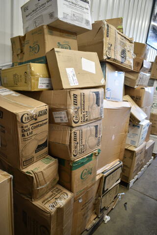PALLET LOT of 29 BRAND NEW Boxes Including 395RP10 EcoChoice Compostable Sugarcane / Bagasse 10" Plate - 500/Case, 127SB24COMBO Choice 24 oz. Clear Plastic Salad Bowl with Lid - 150/Case, 346WKFSNSPM Choice White Medium Weight Wrapped Plastic Cutlery Pack with Napkin and Salt / Pepper Packets - 500/Case, 395RP06 EcoChoice Compostable Sugarcane / Bagasse 6" Plate - 1000/Case, 20" Corrugated White Circles, 128HD8COMBO ChoiceHD 8 oz. Microwavable Translucent Plastic Deli Container and Lid Combo Pack - 240/Case, 128HD16COMBO ChoiceHD 16 oz. Microwavable Translucent Plastic Deli Container and Lid Combo Pack - 240/Case, 500LDOMENH Choice 9 oz., 12 oz., 16 oz., 20 oz., 24 oz. Clear PET Dome Lid with No Hole - 1000/Case. 29 Times Your Bid!