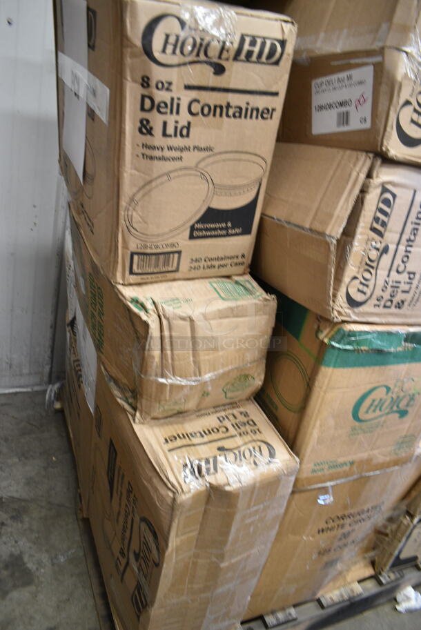 PALLET LOT of 29 BRAND NEW Boxes Including 395RP10 EcoChoice Compostable Sugarcane / Bagasse 10" Plate - 500/Case, 127SB24COMBO Choice 24 oz. Clear Plastic Salad Bowl with Lid - 150/Case, 346WKFSNSPM Choice White Medium Weight Wrapped Plastic Cutlery Pack with Napkin and Salt / Pepper Packets - 500/Case, 395RP06 EcoChoice Compostable Sugarcane / Bagasse 6" Plate - 1000/Case, 20" Corrugated White Circles, 128HD8COMBO ChoiceHD 8 oz. Microwavable Translucent Plastic Deli Container and Lid Combo Pack - 240/Case, 128HD16COMBO ChoiceHD 16 oz. Microwavable Translucent Plastic Deli Container and Lid Combo Pack - 240/Case, 500LDOMENH Choice 9 oz., 12 oz., 16 oz., 20 oz., 24 oz. Clear PET Dome Lid with No Hole - 1000/Case. 29 Times Your Bid! - Image 2 of 12