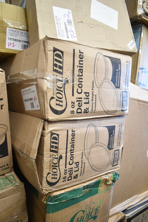 PALLET LOT of 29 BRAND NEW Boxes Including 395RP10 EcoChoice Compostable Sugarcane / Bagasse 10" Plate - 500/Case, 127SB24COMBO Choice 24 oz. Clear Plastic Salad Bowl with Lid - 150/Case, 346WKFSNSPM Choice White Medium Weight Wrapped Plastic Cutlery Pack with Napkin and Salt / Pepper Packets - 500/Case, 395RP06 EcoChoice Compostable Sugarcane / Bagasse 6" Plate - 1000/Case, 20" Corrugated White Circles, 128HD8COMBO ChoiceHD 8 oz. Microwavable Translucent Plastic Deli Container and Lid Combo Pack - 240/Case, 128HD16COMBO ChoiceHD 16 oz. Microwavable Translucent Plastic Deli Container and Lid Combo Pack - 240/Case, 500LDOMENH Choice 9 oz., 12 oz., 16 oz., 20 oz., 24 oz. Clear PET Dome Lid with No Hole - 1000/Case. 29 Times Your Bid! - Image 7 of 12